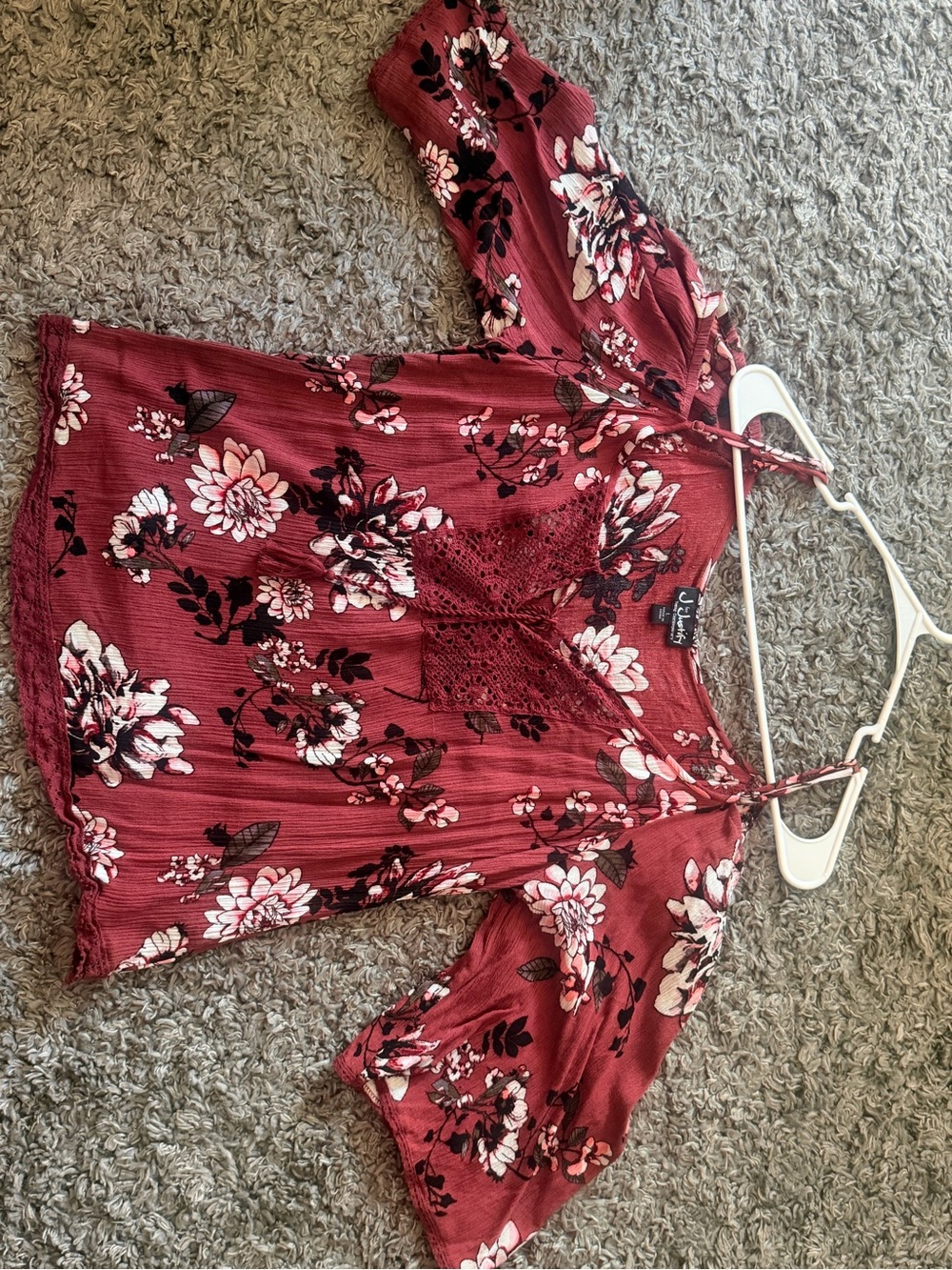 J for Justify Red Floral Lace-Trim V-Neck Blouse